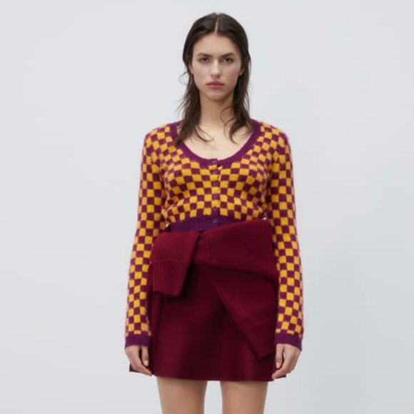 Zara Tops - NWT ZARA Checkerboard Cropped Knit Cardigan Top S